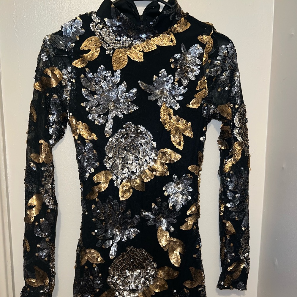 Gold & silver flower embellished women black long sleeves dress.
